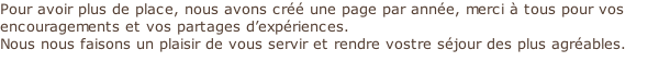 Pour avoir plus de place, nous avons créé une page par année, merci à tous pour vos encouragements et vos partages d’expériences.
Nous nous faisons un plaisir de vous servir et rendre vostre séjour des plus agréables.
